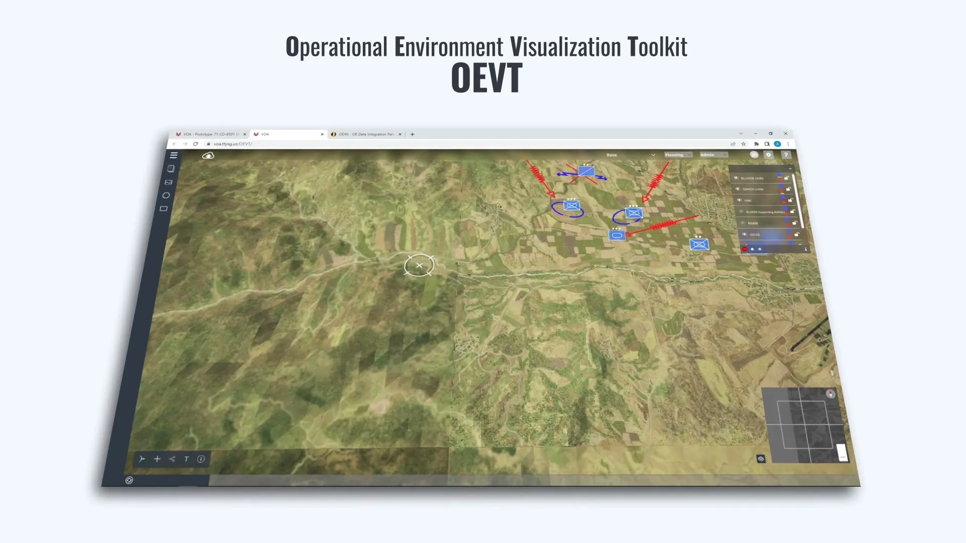 3D terrain overview with military unit symbols and planning tools in the OEVT browser application