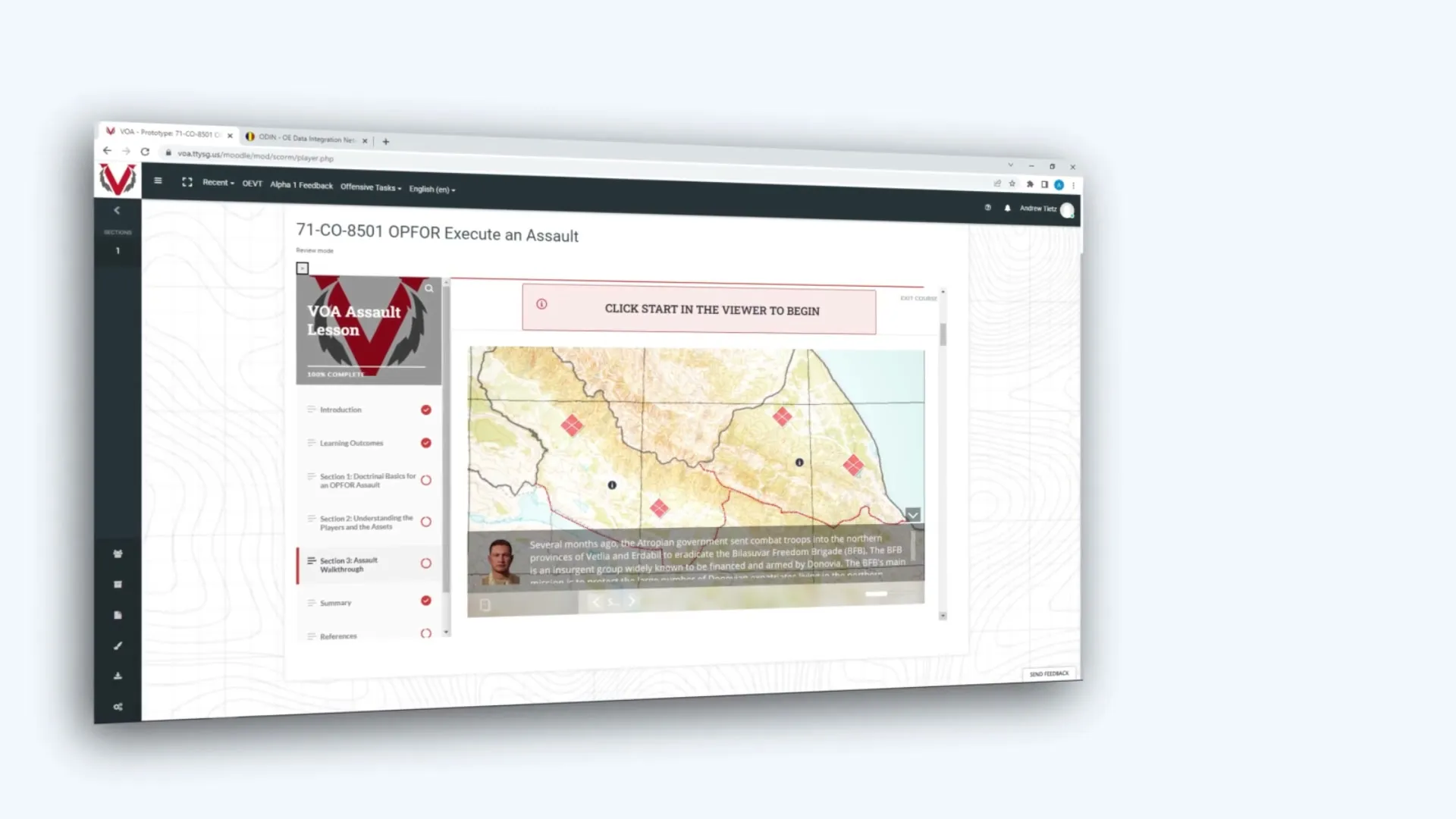 Interactive assault walkthrough lesson with scenario terrain map and narrated briefing