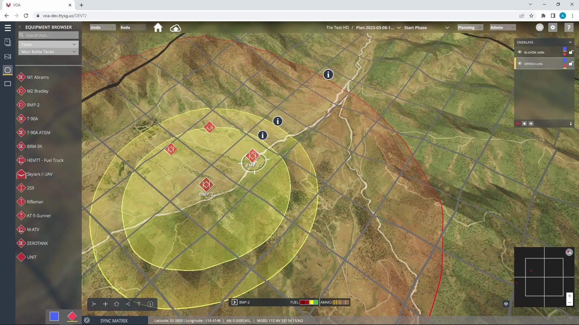 Equipment browser panel alongside 3D terrain with range rings and military unit symbols in the OEVT web application