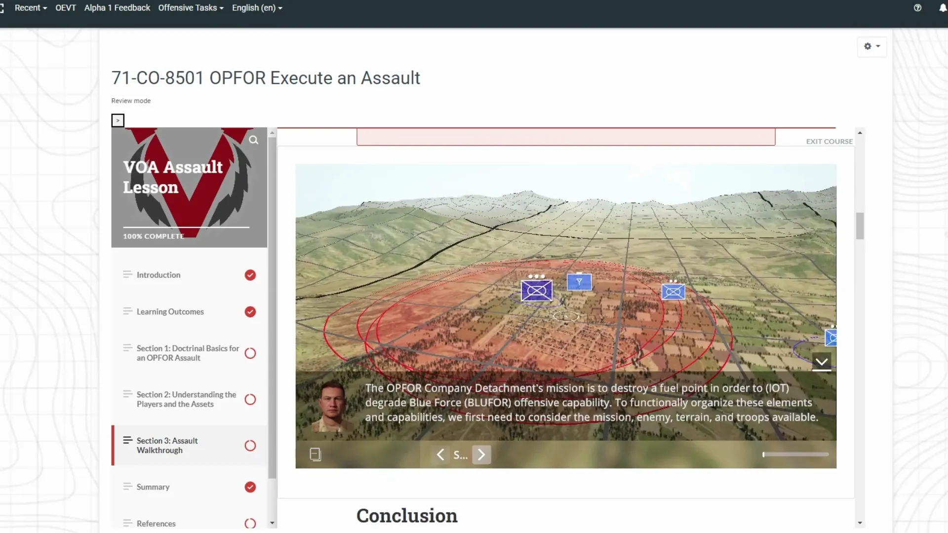 3D terrain with operation overlays embedded in an LMS lesson page with courseware navigation